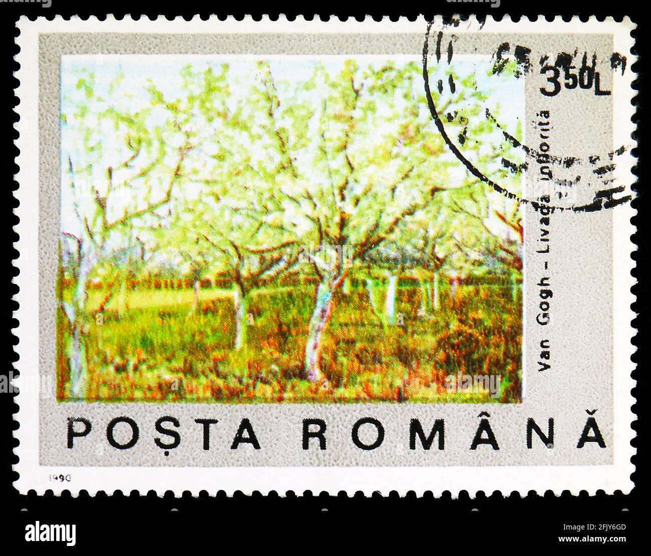 MOSKAU, RUSSLAND - 16. NOVEMBER 2019: Die in Rumänien gedruckte Briefmarke zeigt blühende Obstbäume, 100. Todestag der Vincent Van Gogh-Serie, c Stockfoto