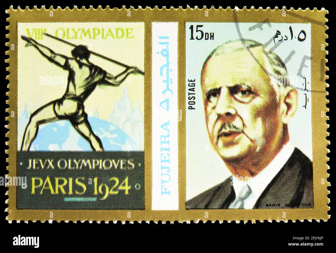 MOSKAU, RUSSLAND - 16. NOVEMBER 2019: Die in Fujairah (Vereinigte Arabische Emirate) gedruckte Briefmarke zeigt Paris 1924; Charles de Gaulle, Geschichte des Olymp Stockfoto