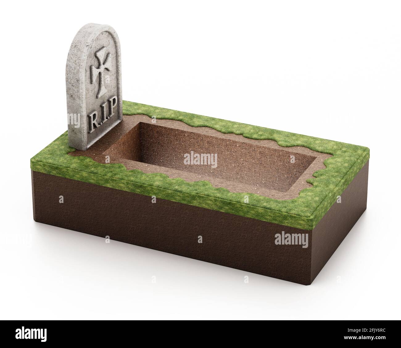 Offenes Grab mit Grabstein isoliert auf weißem Hintergrund. 3D-Illustration. Stockfoto