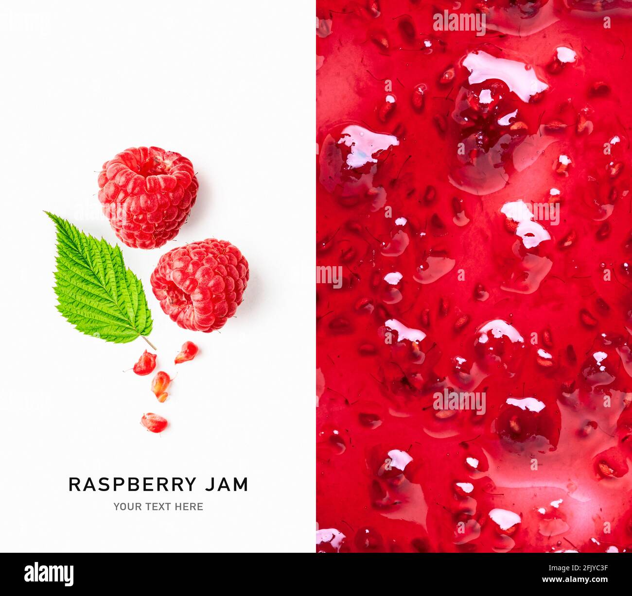 Himbeermarmelade kreativer Hintergrund und frische rote Beeren mit Blatt kreative Karte. Gesunde Ernährung und Diät-Konzept. Draufsicht, flaches Lay, Design e Stockfoto