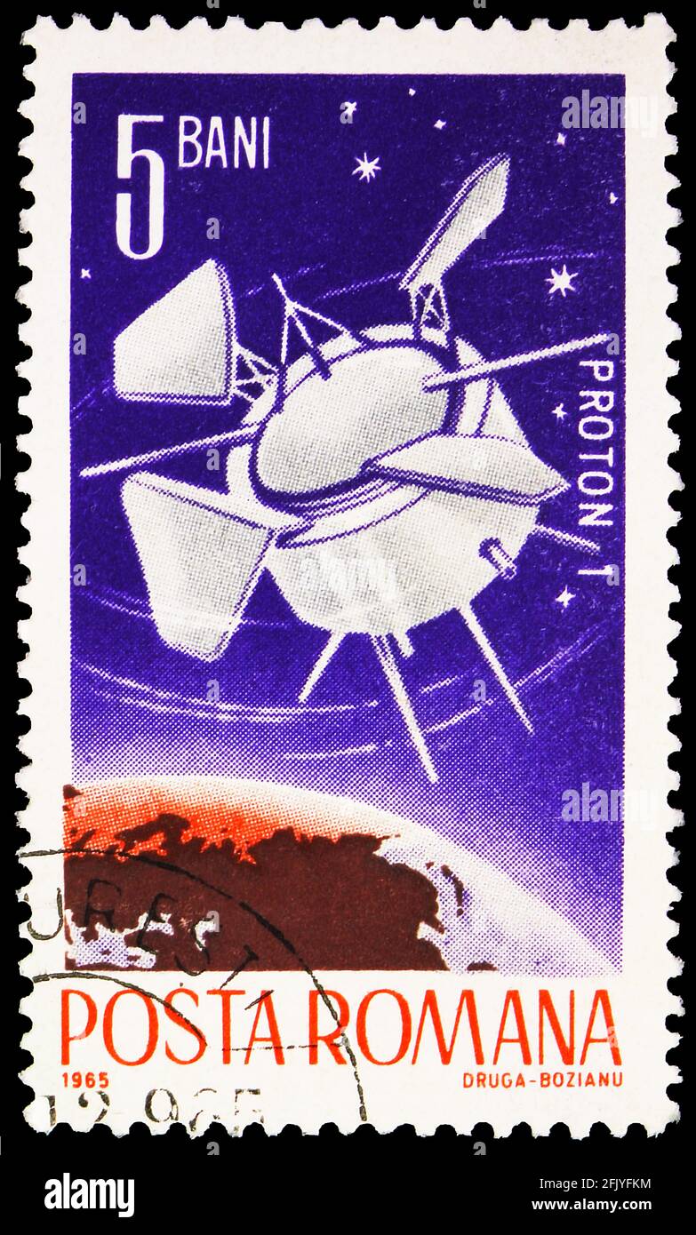 MOSKAU, RUSSLAND - 27. SEPTEMBER 2019: Die in Rumänien gedruckte Briefmarke zeigt Proton 1, 5 Rumänisches Verbot, Space II Serie, um 1965 Stockfoto
