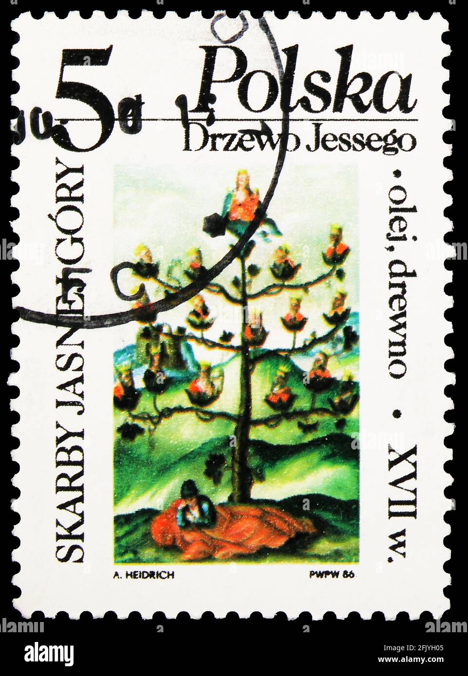 MOSKAU, RUSSLAND - 27. SEPTEMBER 2019: Die in Polen gedruckte Briefmarke zeigt Jesse's Tree, Jasna Gora Monastery Collection Serie, um 1986 Stockfoto