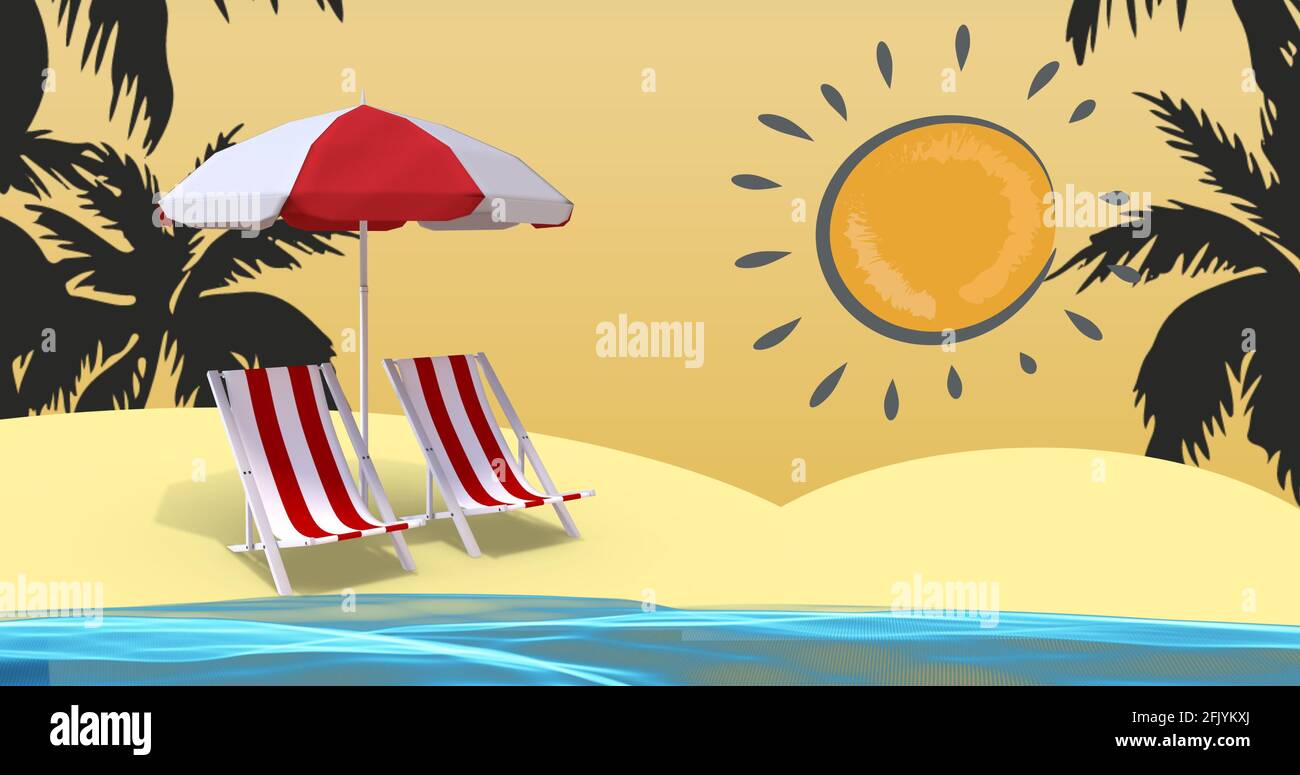 Abbildung von zwei roten und weißen Liegestühlen und Sonnenschirm Am Strand mit Sonne im Hintergrund Stockfoto