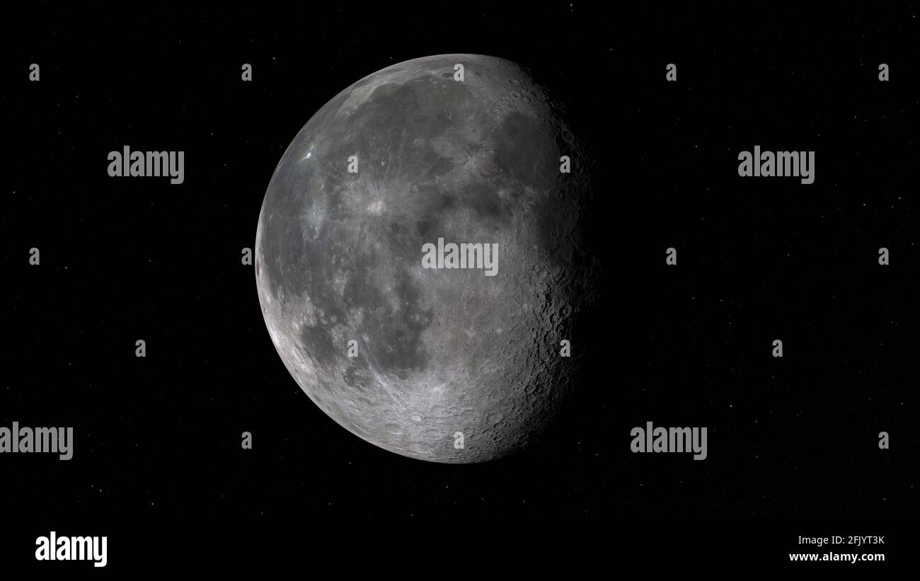 Detaillierter abnehmender Mond mit Kratern und Sternen im Hintergrund Stockfoto