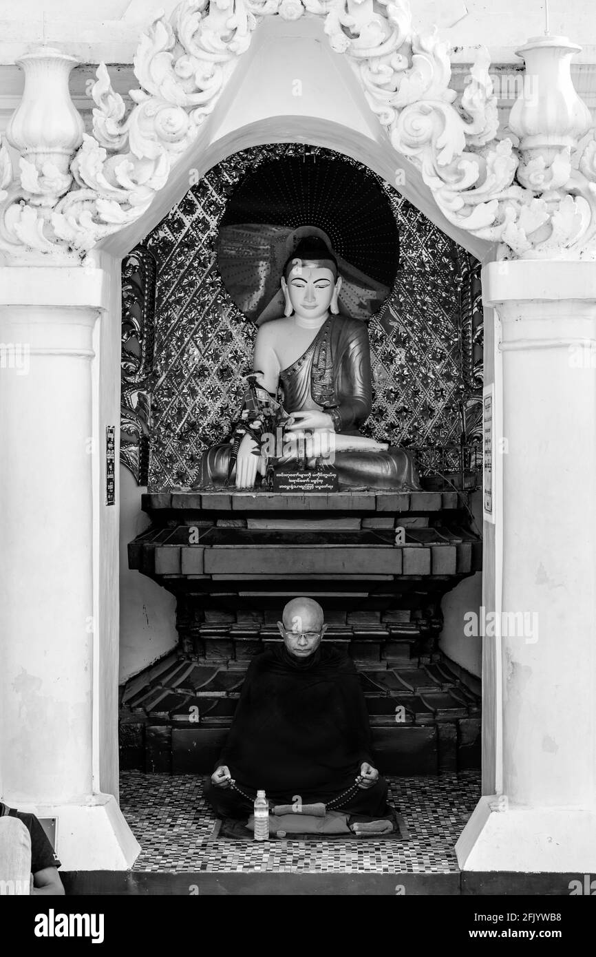 Ein buddhistischer Mönch tief in Gedanken an der Shwedagon Pagode, Yangon, Myanmar. Stockfoto