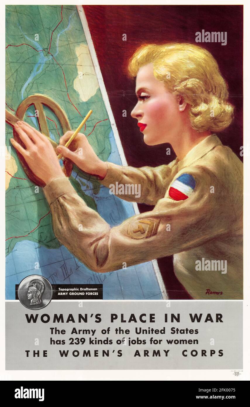 Women's Army Corps (WAC), Woman's Place in war, topografische Zeichnerin, Amerikanerin, Kriegsposter aus dem 2. Weltkrieg, 1941-1945 Stockfoto