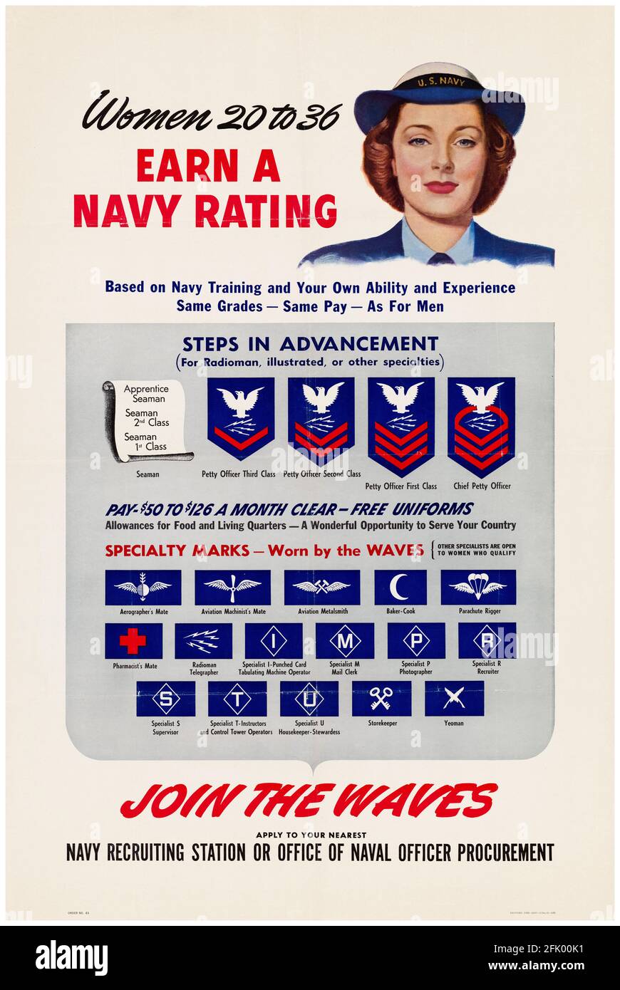 Frauen 20 bis 36, verdienen EINE Navy-Bewertung, Join the WAVES, (US Navy), Amerikaner, WK2-Poster zur weiblichen Rekrutierung, 1941-1945 Stockfoto