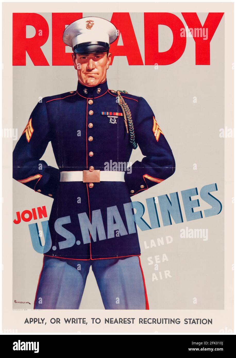 US-Amerikaner, Plakat zur Rekrutierung militärischer Truppen aus dem 2. Weltkrieg, Ready, Join US Marines, (USMC), 1942-1945 Stockfoto