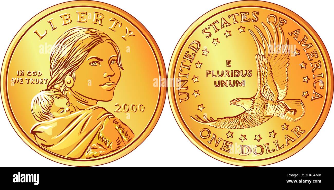 Amerikanisches Geld Sacagawea-Dollar, goldene Dollar-Münze, Sacagawea auf der Vorderseite, fliegender Adler auf der Rückseite Stock Vektor
