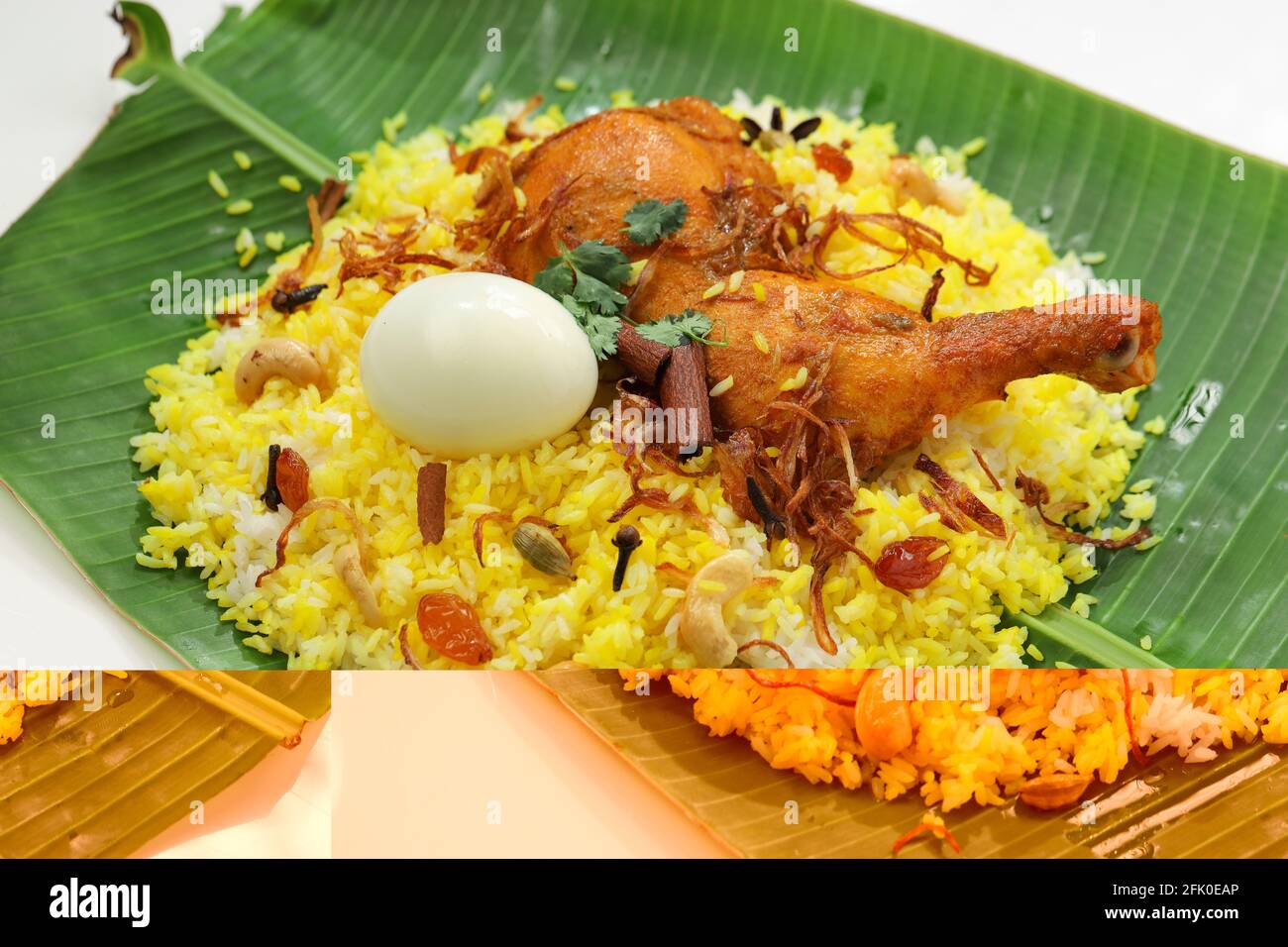 Kerala Chicken dum biryani, traditionell in einem Bananenblatt angeordnet Mit weißem Hintergrund oder Textur, selektiver Fokus Stockfoto