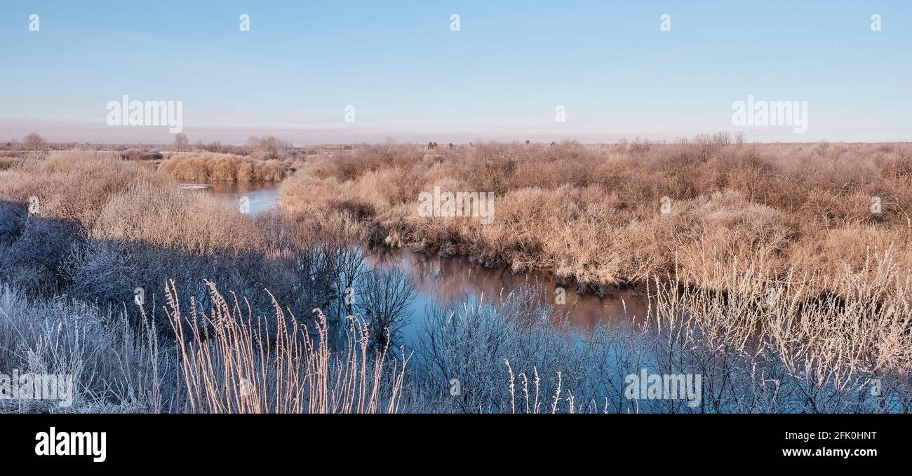 Sibirischer Fluss Vagai am frühen Morgen. Das Gras und die Sträucher sind mit Frost bedeckt. Frühlingslandschaft. Stockfoto