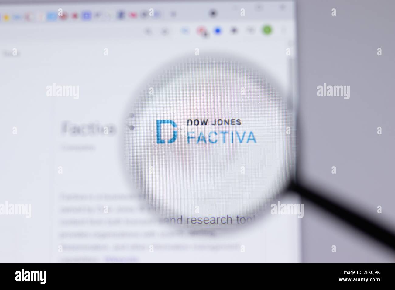 New York, USA - 26. April 2021: Dow Jones Factiva Logo close-up auf Website-Seite, illustrative Editorial Stockfoto