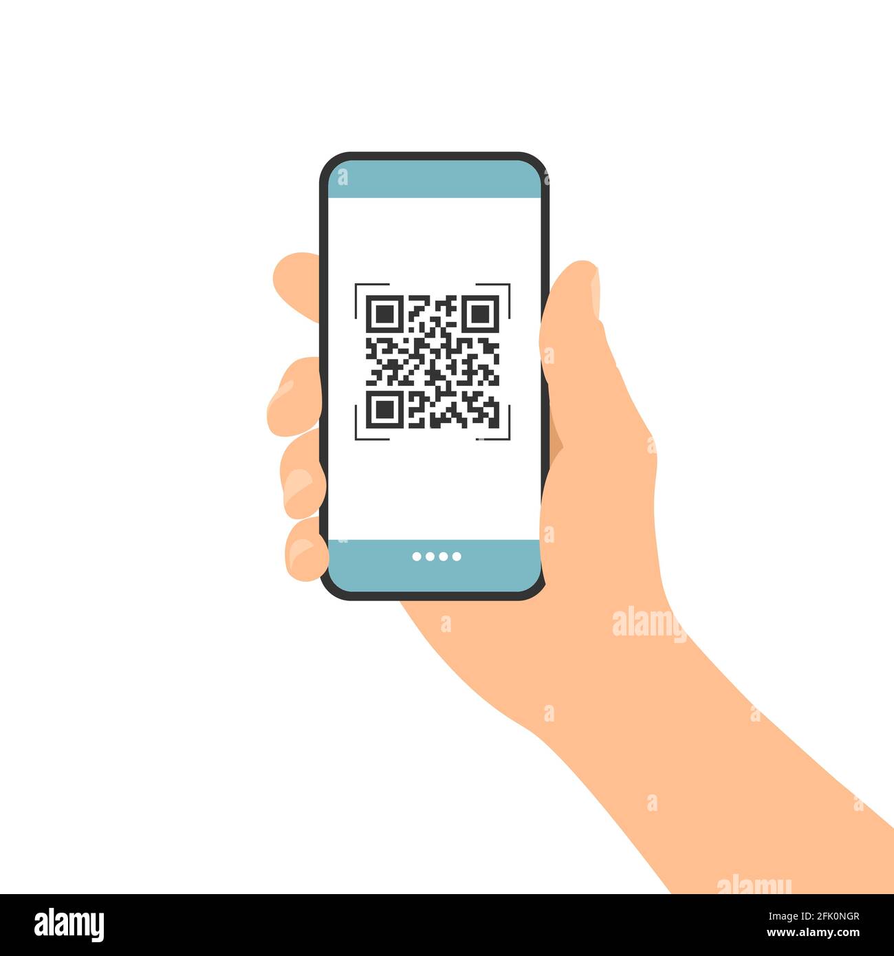 Flache Design-Abbildung der männlichen Hand halten Touchscreen-Handy. QR-Code-Scan für Zahlung oder Identifikation - Vektor Stock Vektor