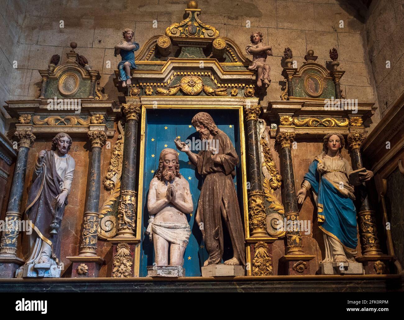 Kirche von Pleyben, geschnitzte Tafel, Pleyben, Finistère. Bretagne, Frankreich. Stockfoto