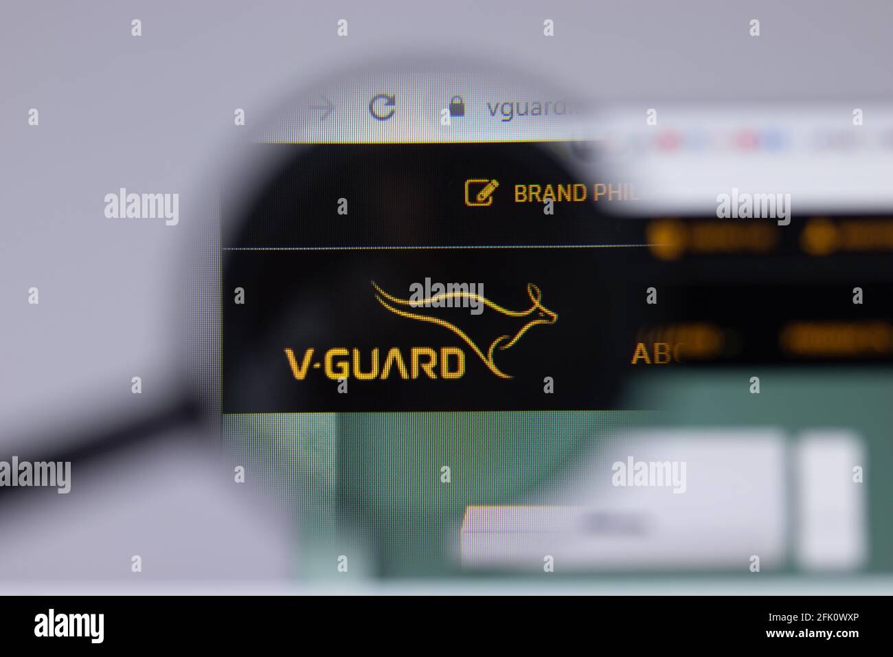 New York, USA - 26. April 2021: V-Guard Industries Logo close-up auf Website-Seite, illustrative Editorial Stockfoto