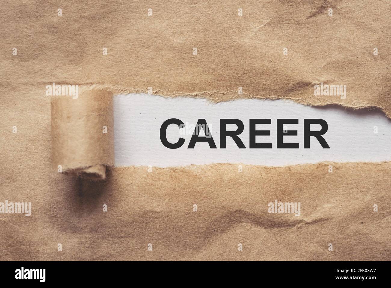 Zerrissenes braunes Papier auf weißem Hintergrund die Textkarriere Stockfoto
