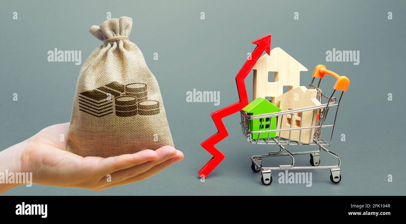 Geldbeutel, Holzhäuser im Einkaufswagen und roter Pfeil nach oben. Konzept für das Preiswachstum von Immobilien. Hohe Nachfrage nach Wohnraum. Gebäudewartung. Stockfoto