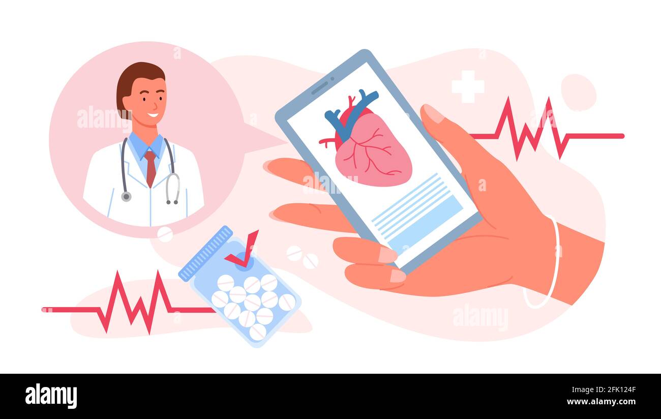 Rufen Sie einen Arzt, Kardiologie Medizin, Hand halten Handy für die medizinische Beratung Stock Vektor