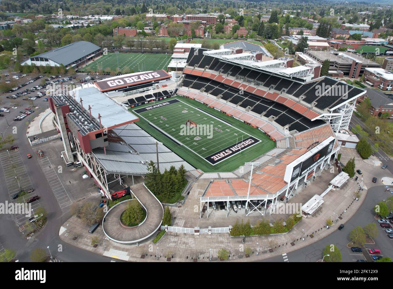 Eine Luftaufnahme des Reser Stadions auf dem Campus des Staates Oregon, Freitag, den 23. April 2021, in Corvalis, Das Stadion ist die Heimat des Oregon State B. Stockfoto