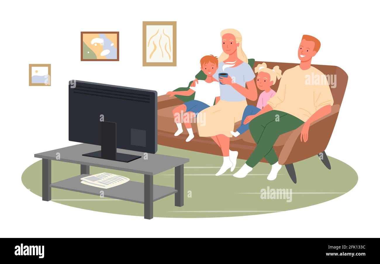 Glückliche Familie schaut fernsehen oder Filme, sitzt auf der Couch, Mutterfigur trinkt Kaffee Stock Vektor