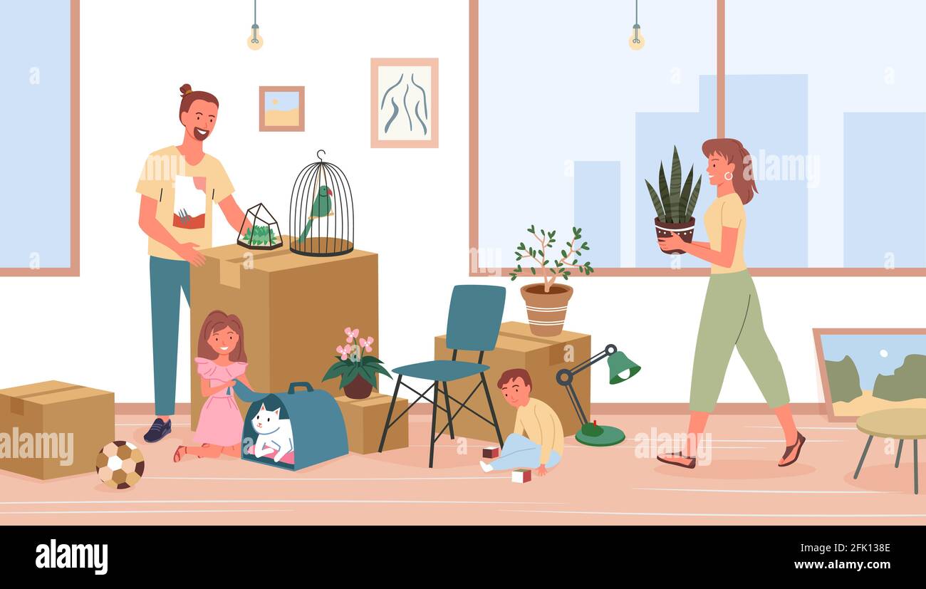 Glückliche Familie ziehen um, Vater, Mutter und Kinder ziehen in ein neues Haus oder eine neue Wohnung Stock Vektor