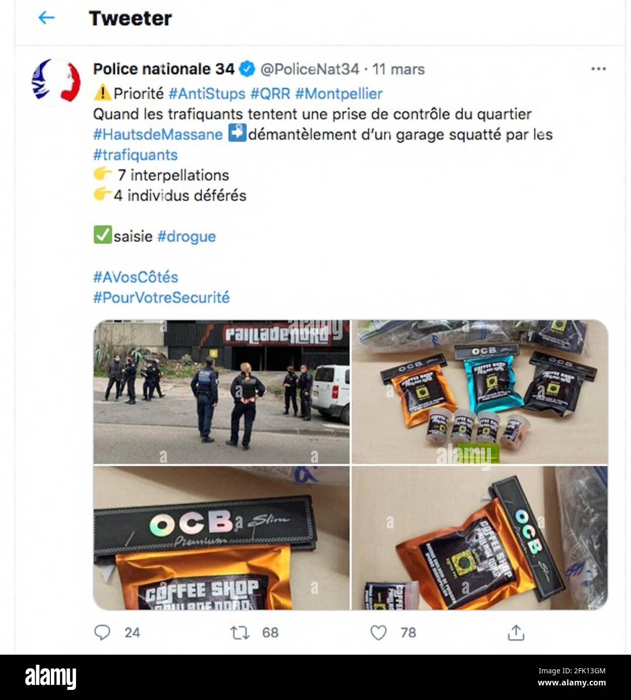 Die Polizisten von Montpellier beendeten am 4. märz 2021 einen deutlich ausgestellten größten Drogenpunkt im Bezirk Mosson. Die Händler hatten sich die Garagen eines Wohnsitzes der Massen angeeignet, die Wände im Namen ihres "Handels" markiert. Nach der Beschlagnahme der Mitglieder des Hauts de Massane-Komitees durch Händler vor Ort wurde am 4. März eine große Operation der nationalen und kommunalen Polizei gegen einen Deal Point in diesem Gebiet des Bezirks Mosson durchgeführt. Vier Männer und eine Frau wurden am 4. märz 2021 in Montpellier, Südfrankreich, verhaftet.Montpe Stockfoto