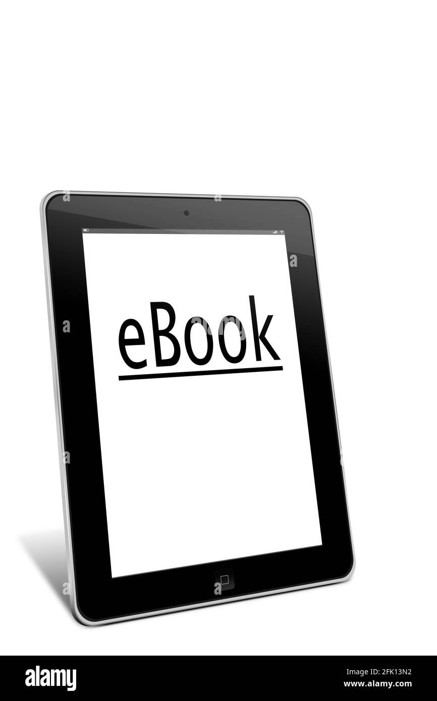 Tablet-PC mit dem Text-eBook im Display, 3D-Illustration Stockfoto