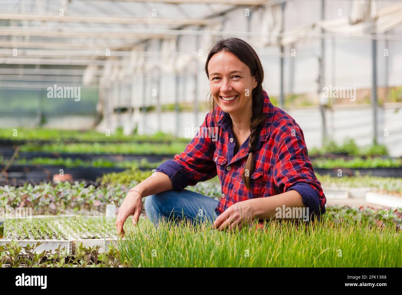 Ehrliches Porträt einer glücklichen Frau, die in einem Gewächshaus arbeitet. Konzept: Nachhaltige Landwirtschaft, natürliche Nahrungsmittelindustrie Stockfoto