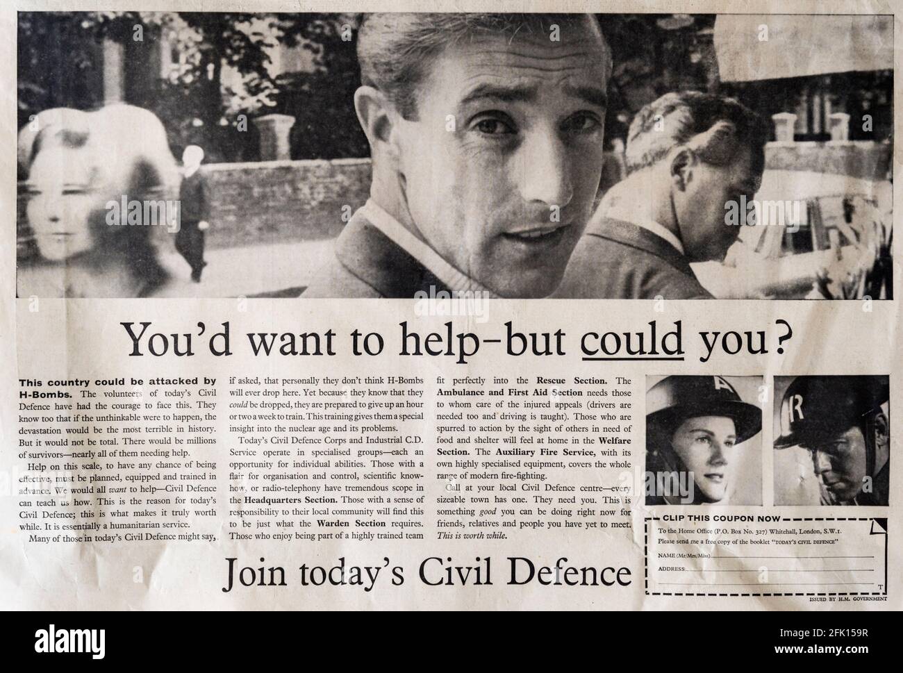 1961 Zeitungsannonce, die Menschen zum Beitritt zur Zivilverteidigung auffordert. Stockfoto
