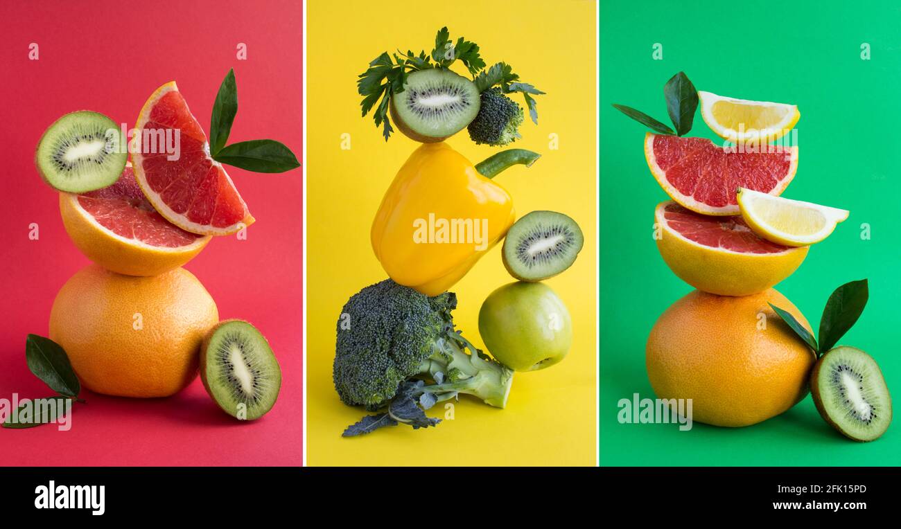 Collage aus Gemüse- und Obstpyramide im Gleichgewicht Der farbige Hintergrund Stockfoto