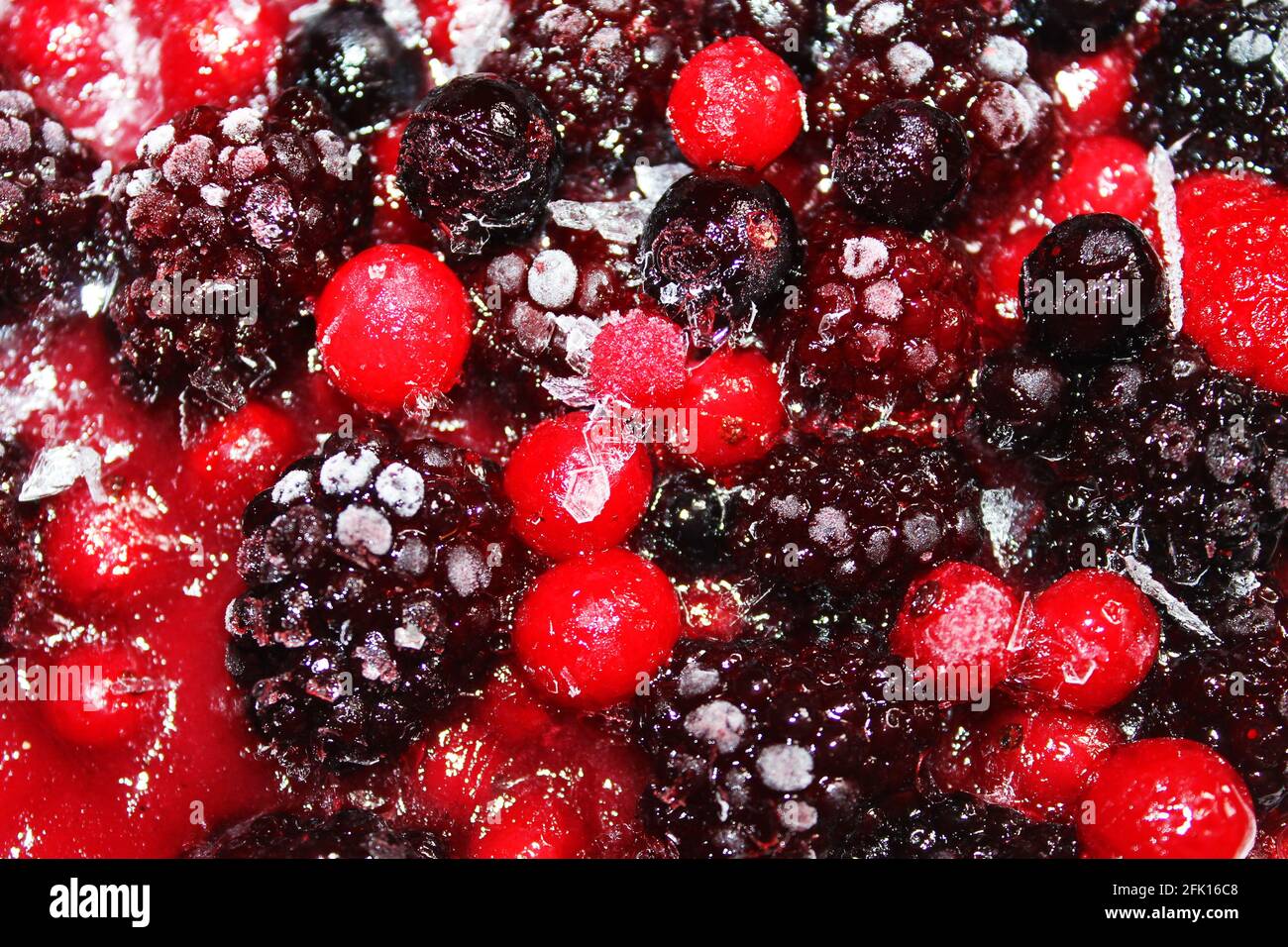 Nahaufnahme eines gefrorenen gemischten Beerenkäsekuchen mit einem leichten Eis und Frost auf den Beeren. Stockfoto