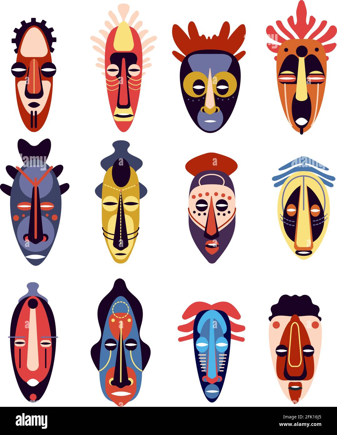 Afrikanische Maske. Traditionelles rituelles oder zeremonielles ethnisches hawaii, azteken-Masken für menschliche Gesichter, Schnauze für Ureinwohnertotem, farbenfrohes, flaches Vektorset Stock Vektor