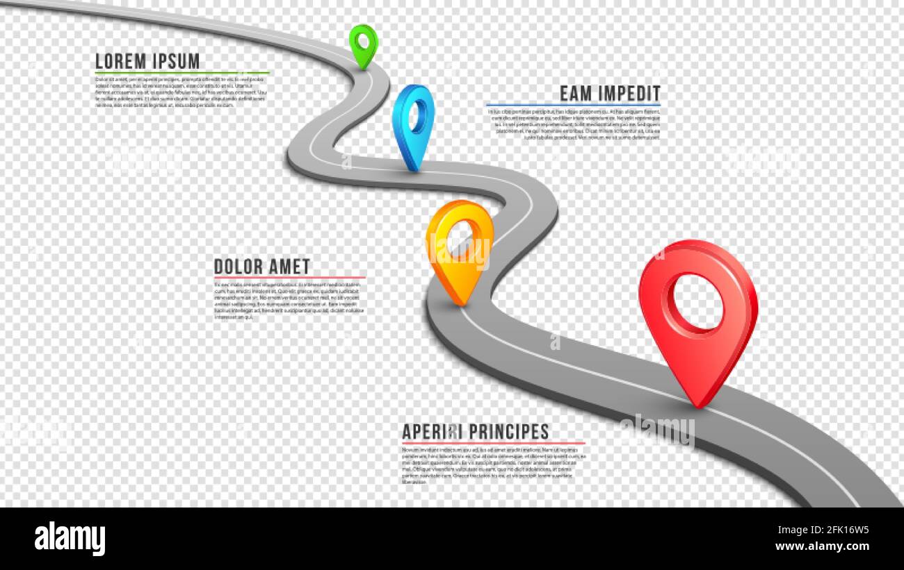 Autobahn. Kurvenreiche, leere Straße, GPS-Pins und Infografik-Elemente. Schwarze Perspektive Asphalt Weg. Vektor isoliert auf transparenter Pfaddarstellung Stock Vektor