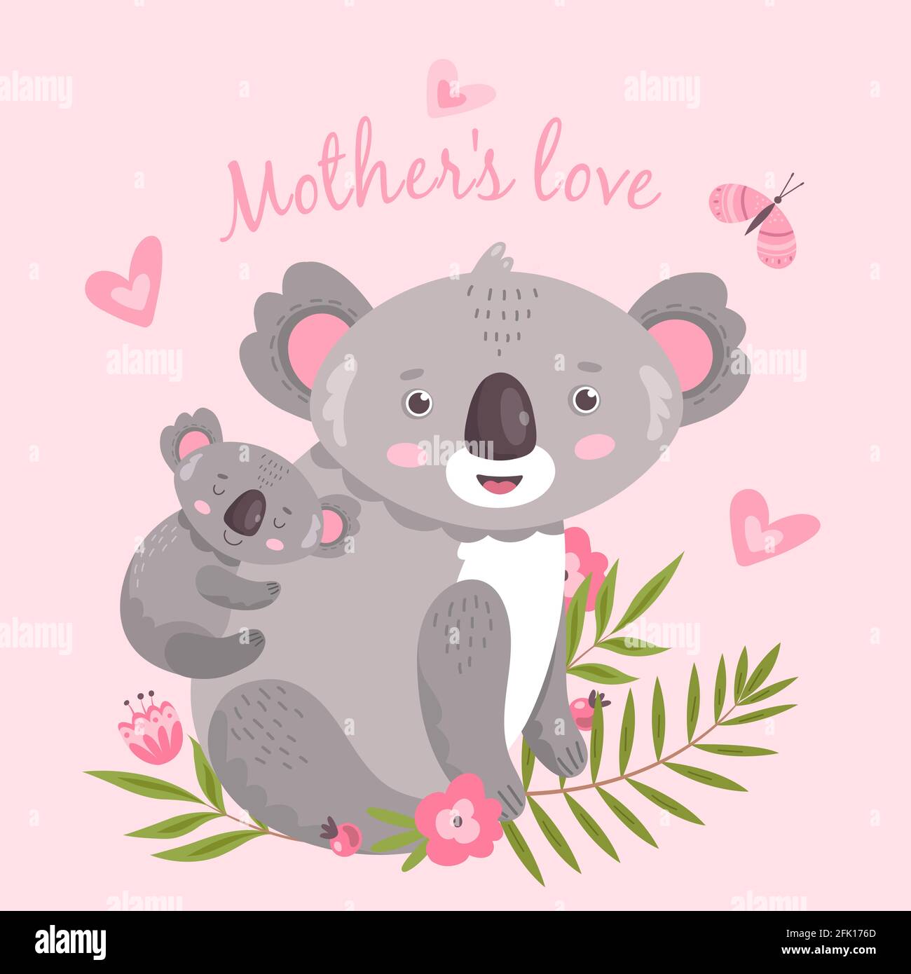 Süßer Koala. Tier Mutter umarmt Baby. Australien Wald Koalas umarmt. Niedliche kindliche Kunstwerke, Tendernesses Cartoon-Druck. Vektorgrafik Stock Vektor