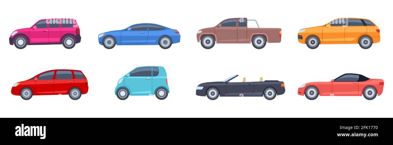 Flache Autos. Sehen Sie sich das Modell der Seitenfahrzeuge an. Modernes suv und Heckklappe, Pickup und Limousine. Isolierte bunte Auto-Vektor-Symbole Stock Vektor