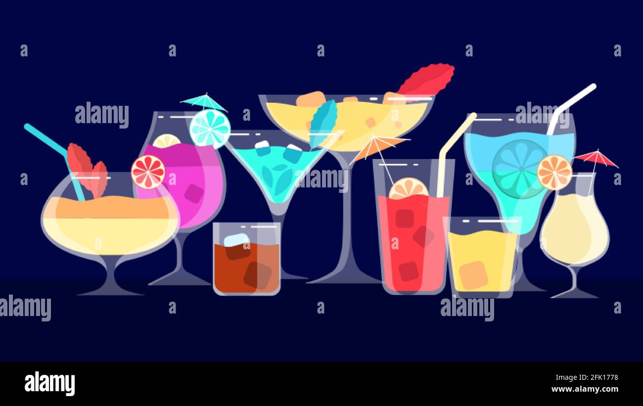 Cocktails. Alkoholische und alkoholfreie Getränke. Banner mit Bar- oder Café- oder Restaurantmenüs. Vektor-Illustration für Abend- und Nachtgetränke Stock Vektor