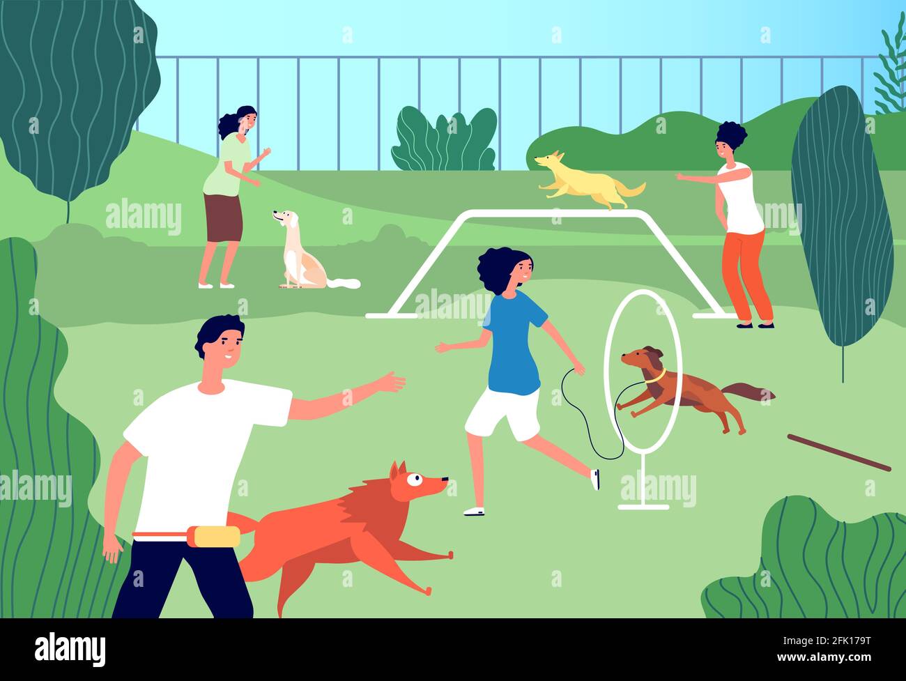 Haustiere Spielplatz. Lustige Haushunde, Männeraktivitäten. Welpen Besitzer laufen und Ausbildung. Tier-Liebhaber Gemeinschaft Vektor-Illustration Stock Vektor