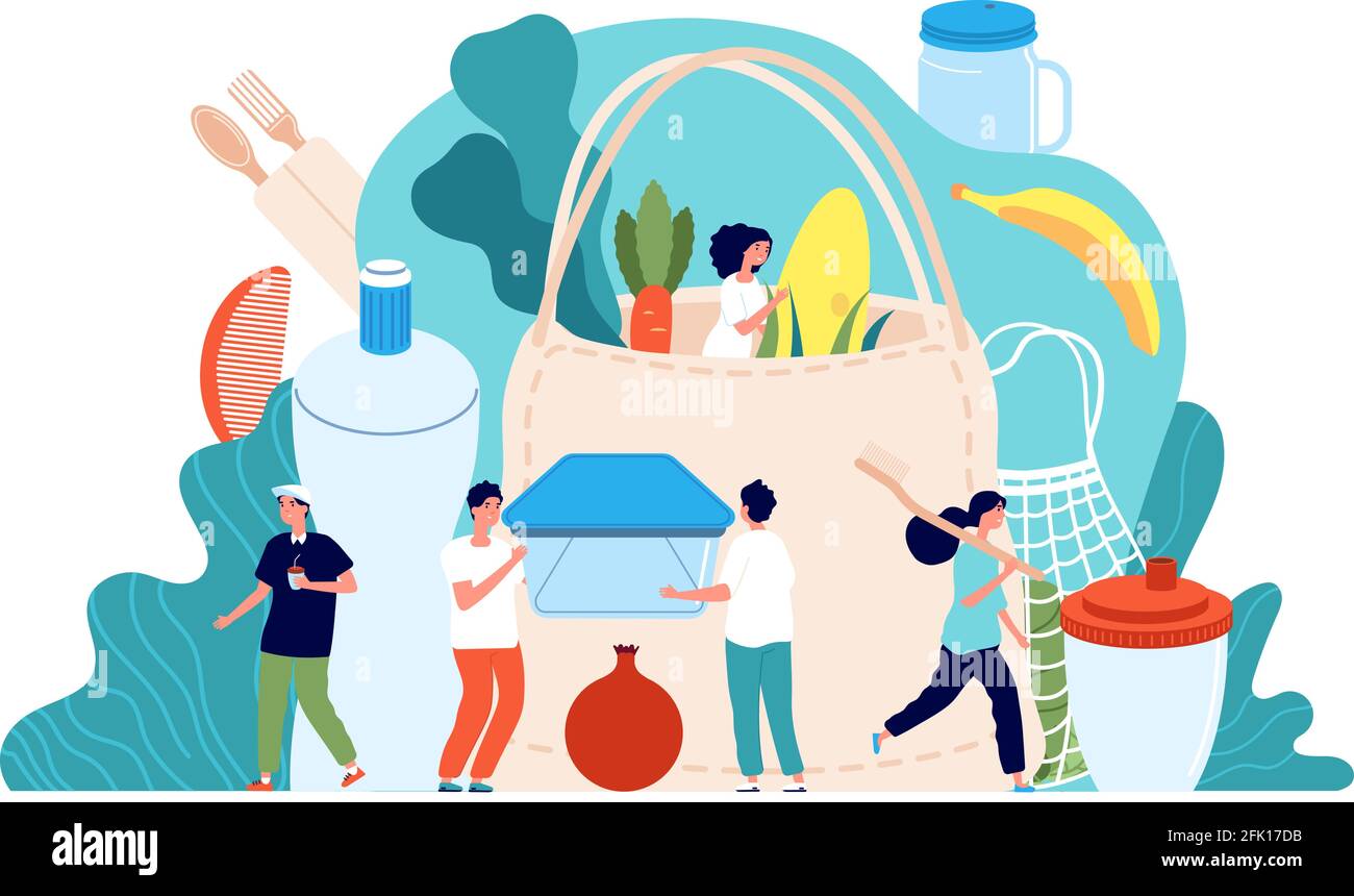 Keine Verschwendung. Trendige biologisch abbaubare Tasche, kein Kunststoff. Käufer auf dem Markt, grüner Lebensstil, Erde und Umwelt zu retten. Eco Life Vektor Konzept Stock Vektor