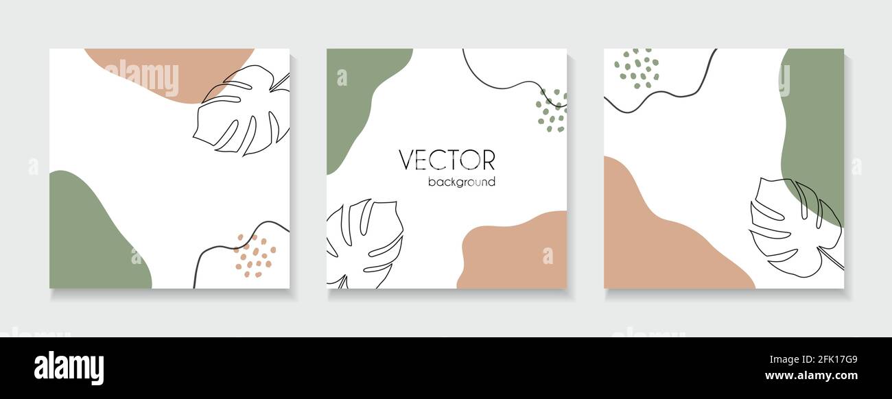 Set von abstrakten Blumenhintergründen für Social-Media-Beiträge. Vektor trendige quadratische Vorlagen mit tropischen Blättern und Platz für Text kopieren Stock Vektor