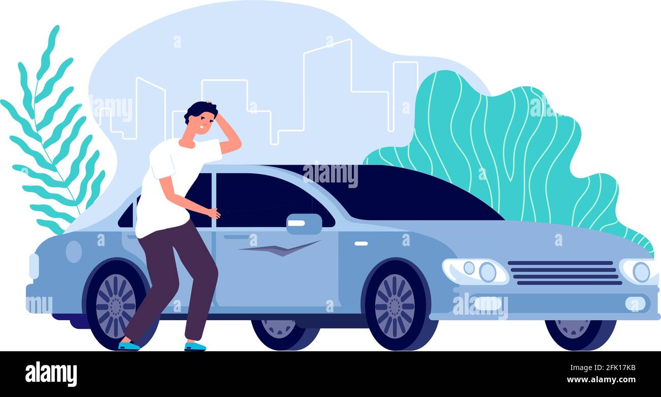 Verkratztes Auto. Mann besorgt, Auto braucht Reparatur. Enttäuschter Geschäftsmann und Fahrzeug, Cartoon-Sorge Kerl und verdorbenen Transport-Vektor-Konzept Stock Vektor