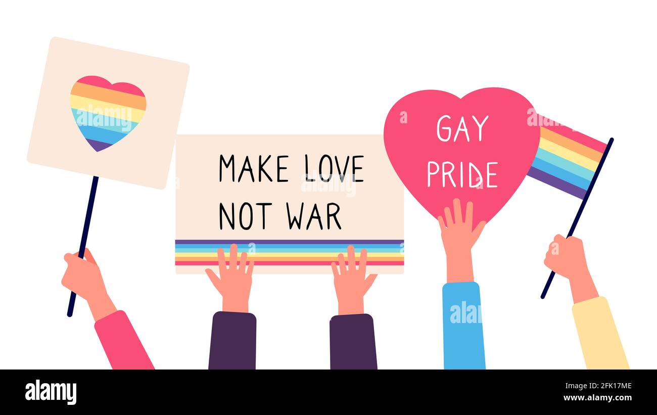 Plakate für schwule Parade. Hände halten Regenbogenfahnen, Herzen und Textinspirationen. LGBT, Vektor-Illustration für Homosexualität Stock Vektor