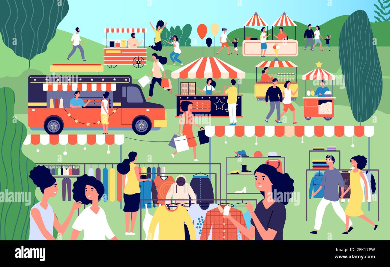 Sommermesse. Festliche Speisen, Flohmarkt in der Straßensaison. Garagenverkauf im Park. Vektorgrafik für Familienfest, Marktplatz und Zelte Stock Vektor