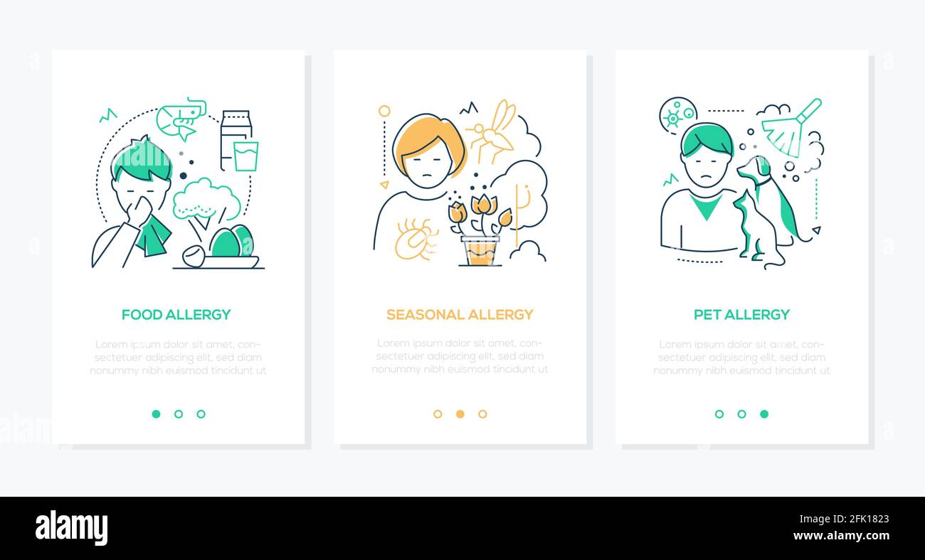 Allergene - Webbanner im modernen Liniendesign-Stil mit Platz für Text. Gesundheit Probleme Idee. Lebensmittel, saisonal, Tierallergien Illustrationen. Jungen und g Stock Vektor