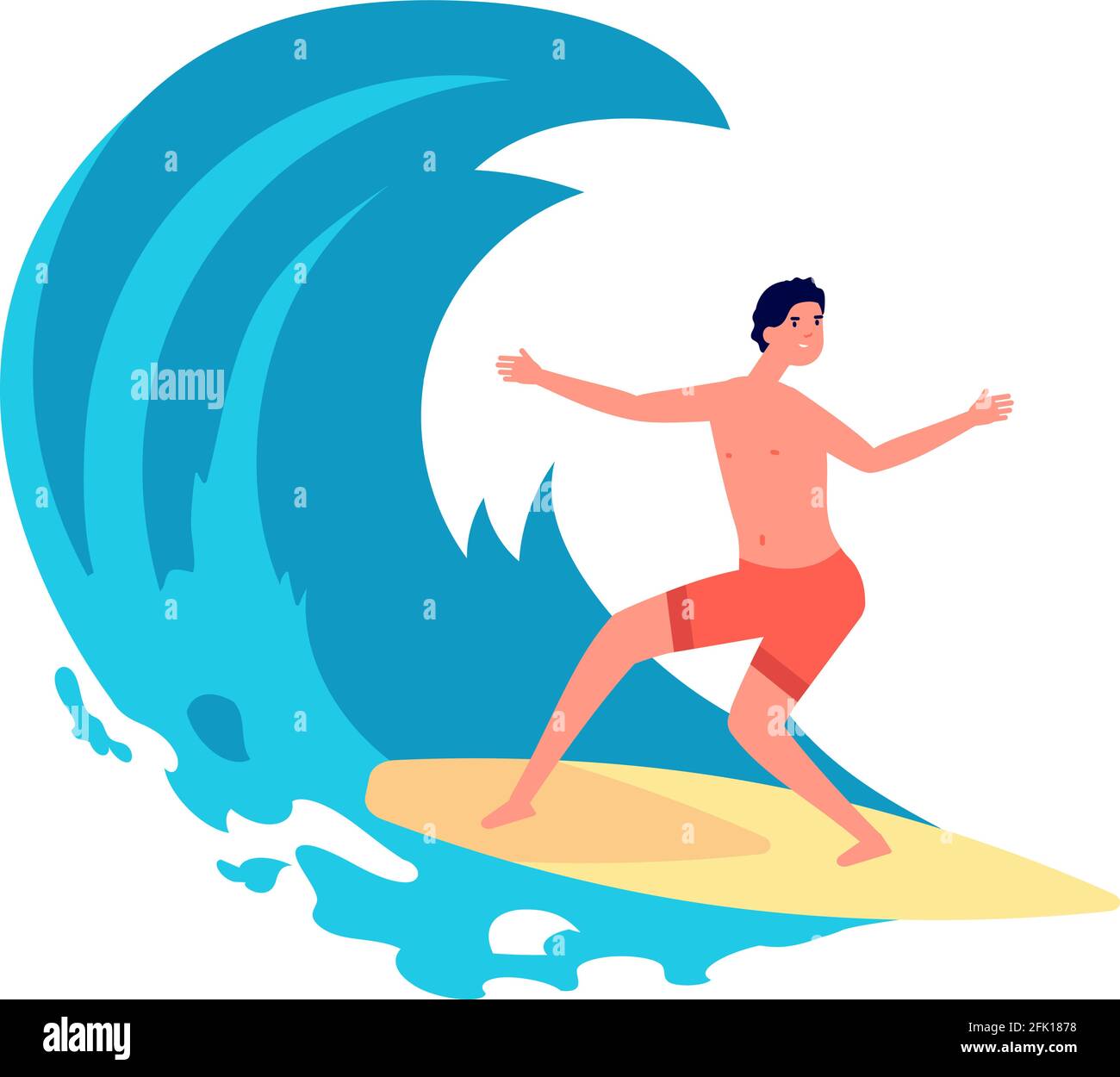 Surfer auf Welle. Flacher junger Mann auf Surfbrett. Person im Wasser, glücklicher Surf-Reisender. Sommer Strand Abenteuer, Urlaub Vektor Illustration Stock Vektor