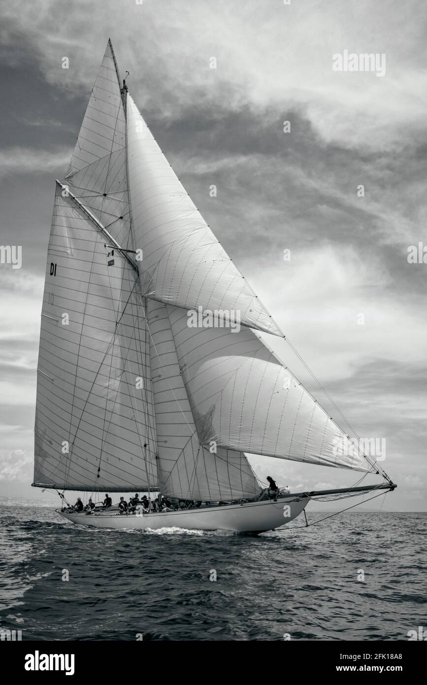 Klassische Segelyacht bei Les Voiles d'Antibes Frankreich Stockfoto