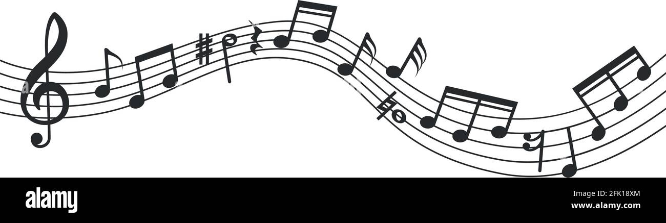 Musiknotenkurve. Anmerkungen Hintergrund, musikalisches Plakat. Isolierte abstrakte Stabsymbole, Violinschlüssel und Sound-Symbole. Vektorgrafik Soundtrack Stock Vektor
