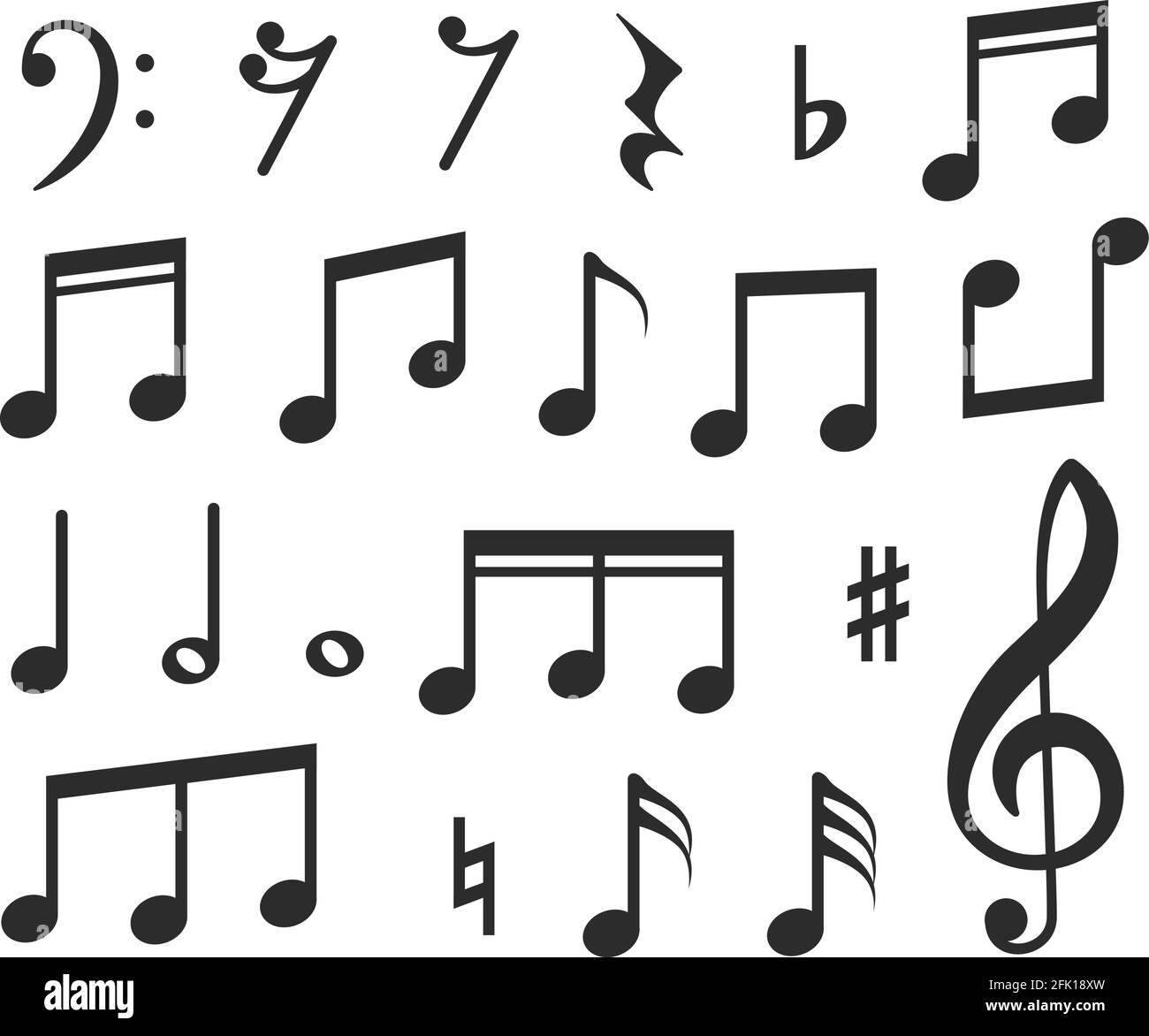Musiknoten. Symbole für schwarze Noten mit musikalischer Melodie. Moderne grafische Elemente für Musicals, Instrumentalpartituren oder Lieder. Isolierte Vektorsymbole Stock Vektor