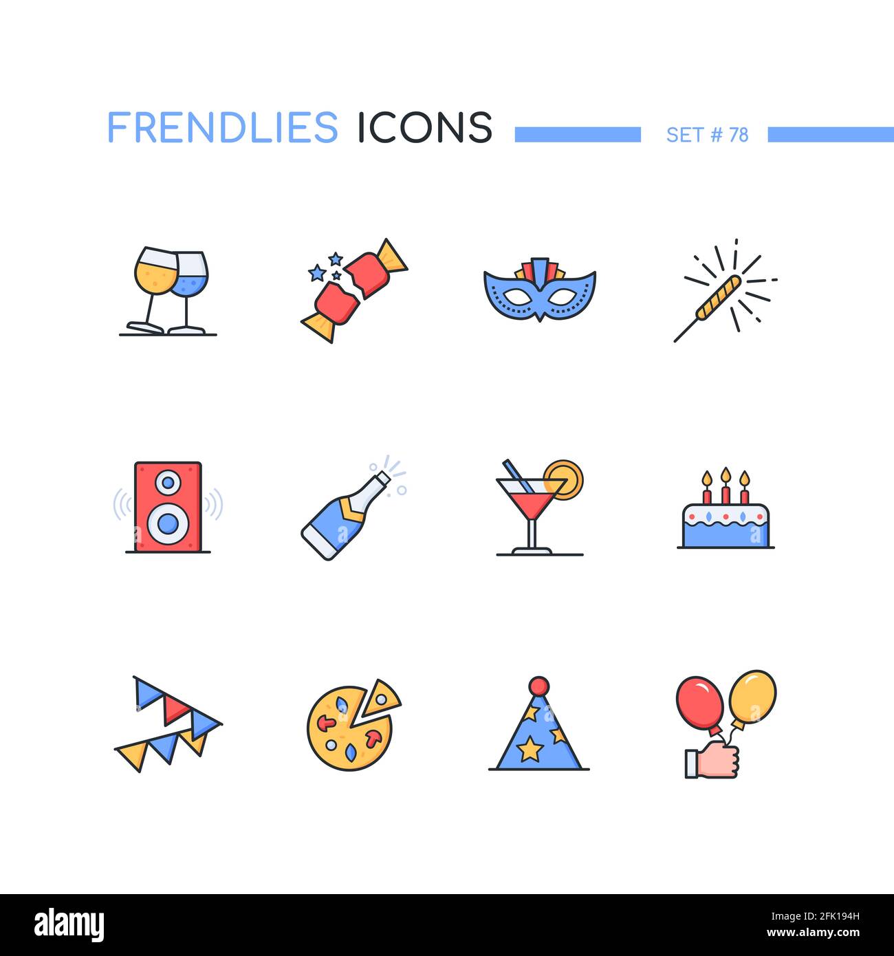 Party - Moderne Linie Design Stil Ikonen gesetzt. Feiertag und Feier Symbole Idee. Luftballons, brille, Maske, Geburtstagskuchen, Champagner, Lautsprecher, Funkeln Stock Vektor