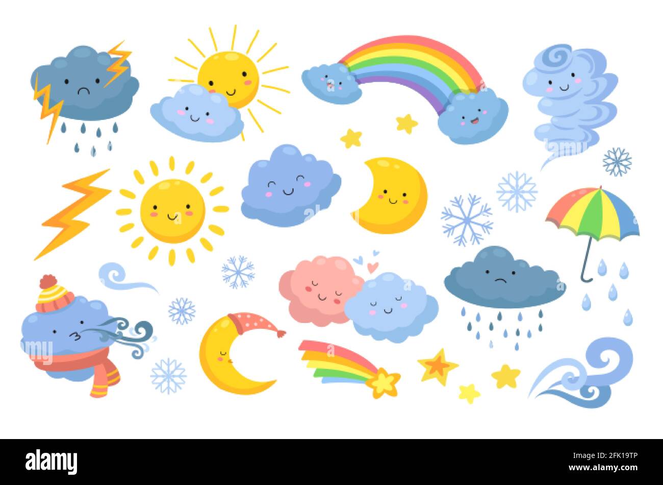 Süßes Wetter. Isolierter Regenbogen, Cartoon-Regen und Hurrikan. Lustige und wütende Wolken, fröhliche Sonne und Tornado. Vektor-Symbole der emotionalen Natur Stock Vektor