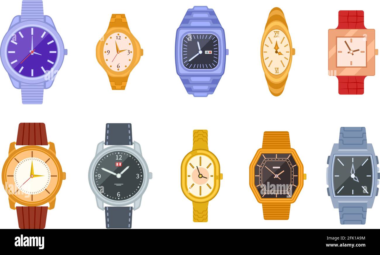 Klassische Uhr. Armbanduhren, Damen Herrenuhr. Isolierte Mode teuer weibliche männliche Timer Chronograph. Flaches Unisex-Armbanduhr-Vektor-Set Stock Vektor